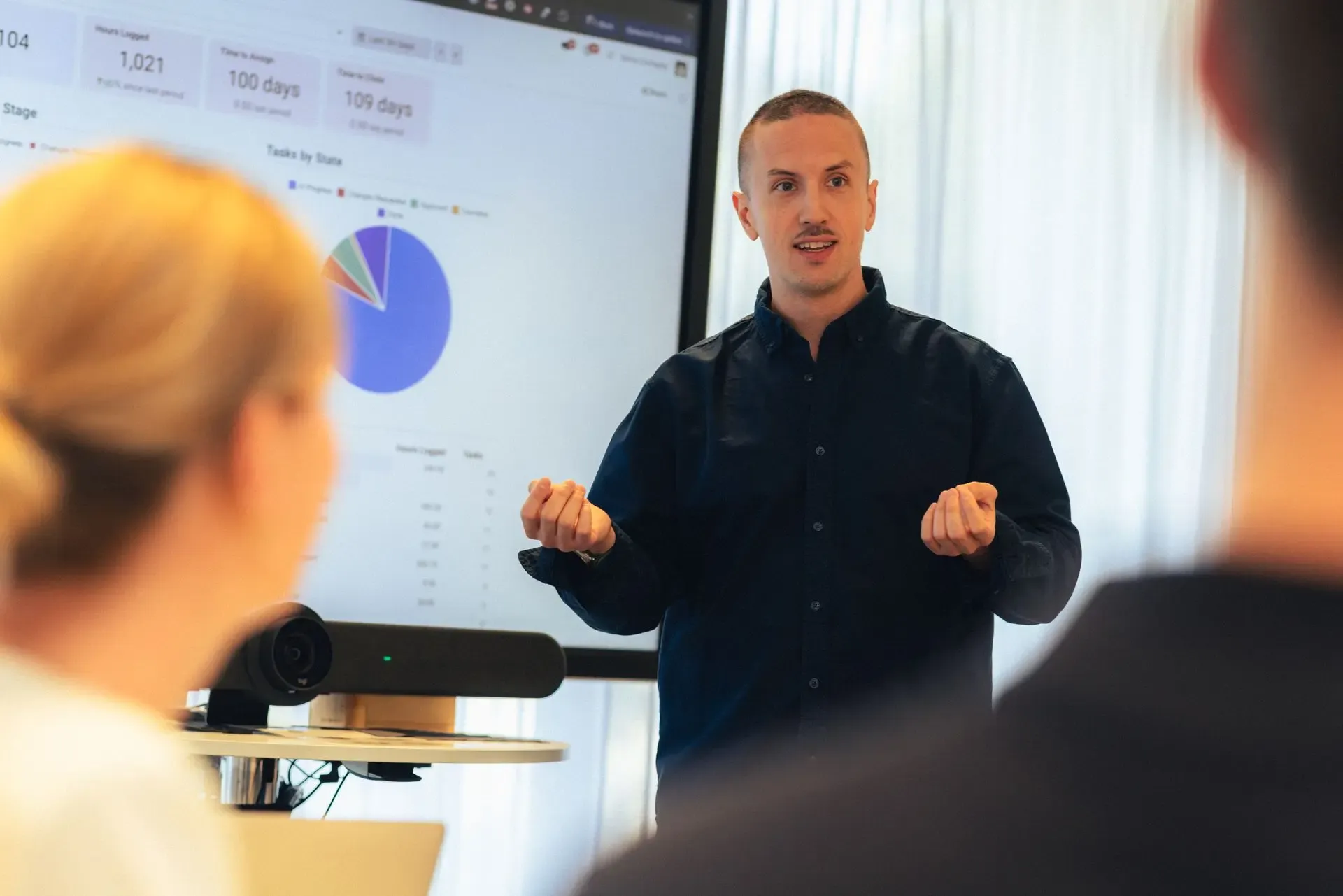 Codeforward-consultant licht een Odoo-dashboard toe aan het team